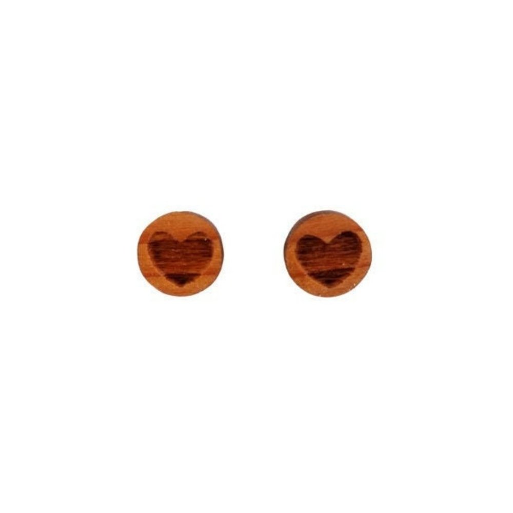 Heart Earrings - Wood Earrings - California Redwood Stud Earrings - Circle Post